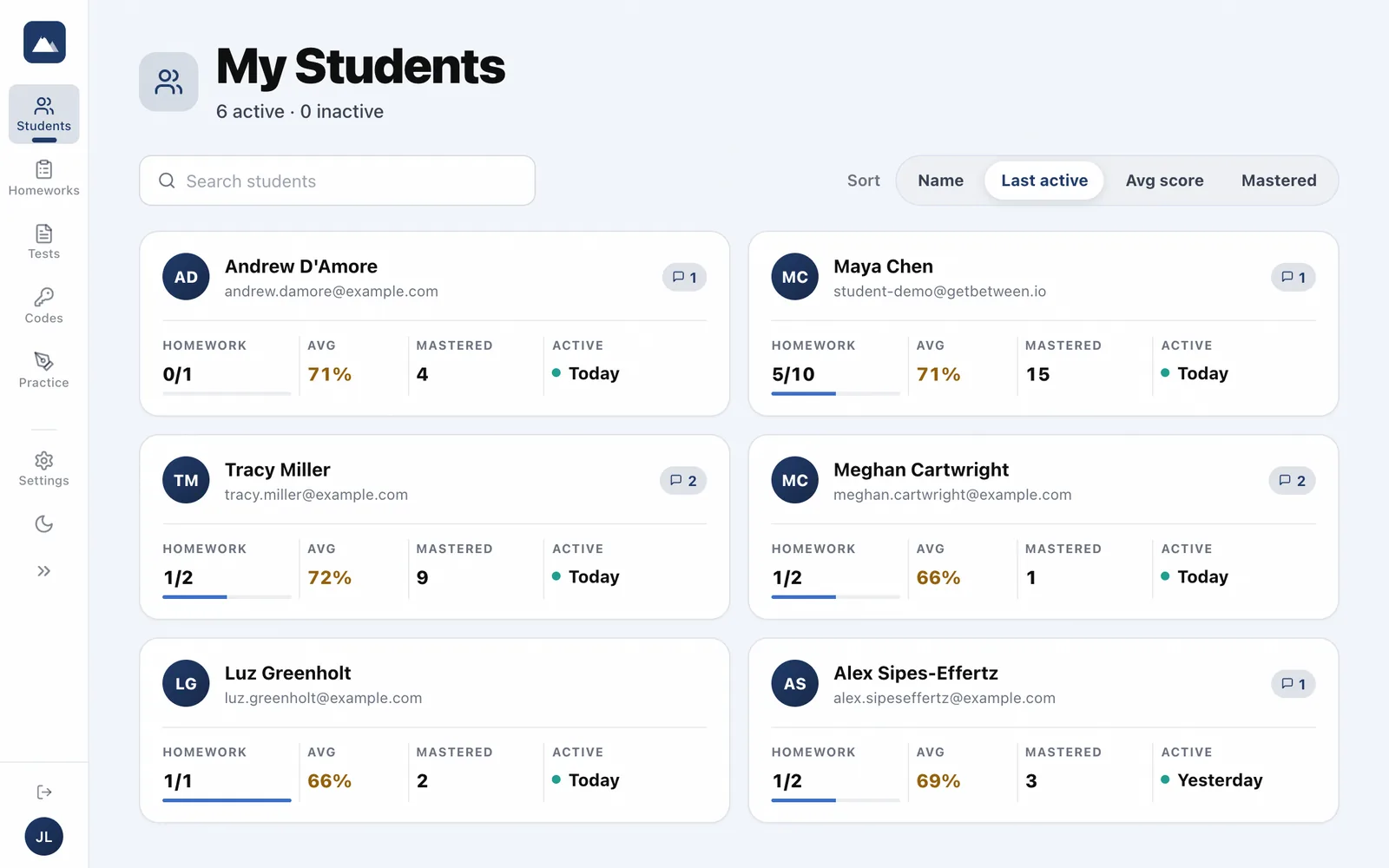 Tutor view: Your students at a glance